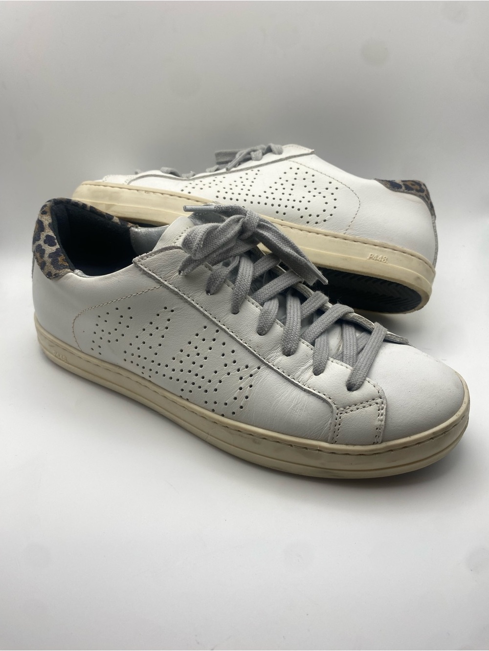 P448 White Leather Sneakers Leopard Heel Accent Gray Laces Made in Italy Size 37